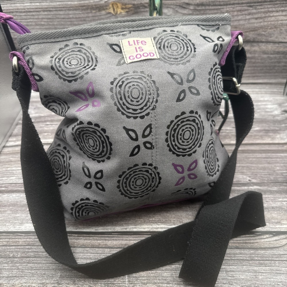 VTG Life Is Good GreyFloral Shoulder Bag Zip Top Adjustable Strap Lined Pockets